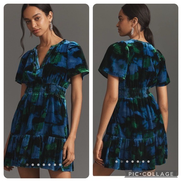 NWT new XS Anthropologie Somerset mini velvet dress blue black floral